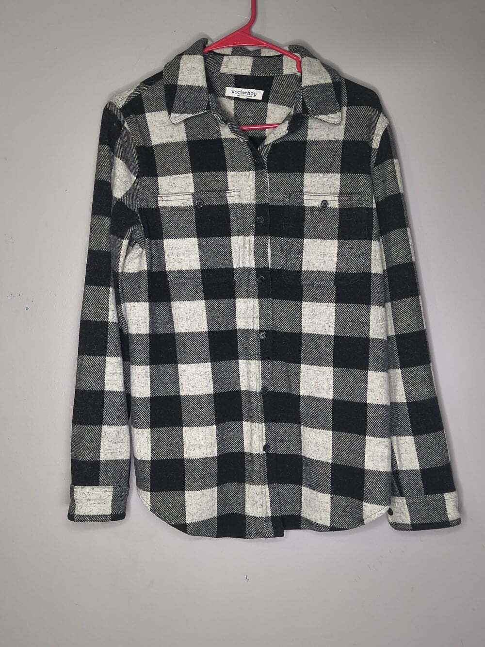 Workshop Flannel Shirt Classic Black And White Plaid Pattern Long Sleeve Button